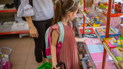 A student looking at school supplies.