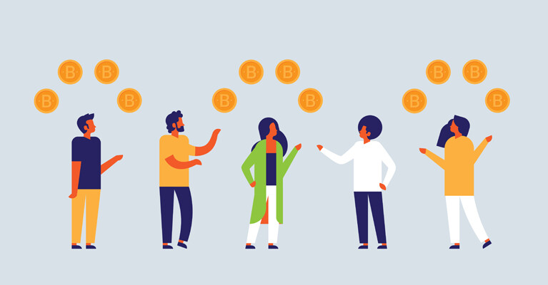 A vector graphic depicting people and cryptocurrency.